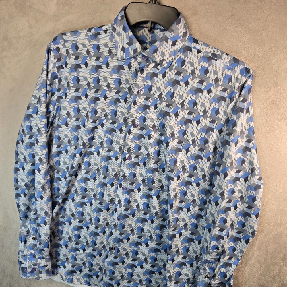 Visconti Black Mens Medium Shirt Blue Gray Geometric Cube 3D Print Long Sleeve